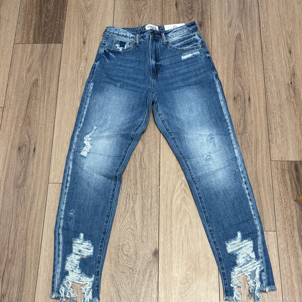 INSANE GENE NWT 3 25W  HI-RISE SLIM BOYFRIEND Distressed RIPPED ANKLE Blue Jeans